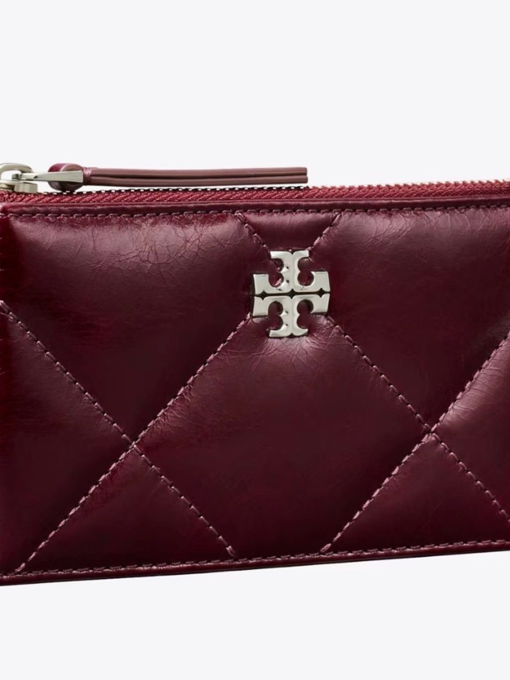 Tory Burch Quilted Leather Zip Card Case - Burgundy